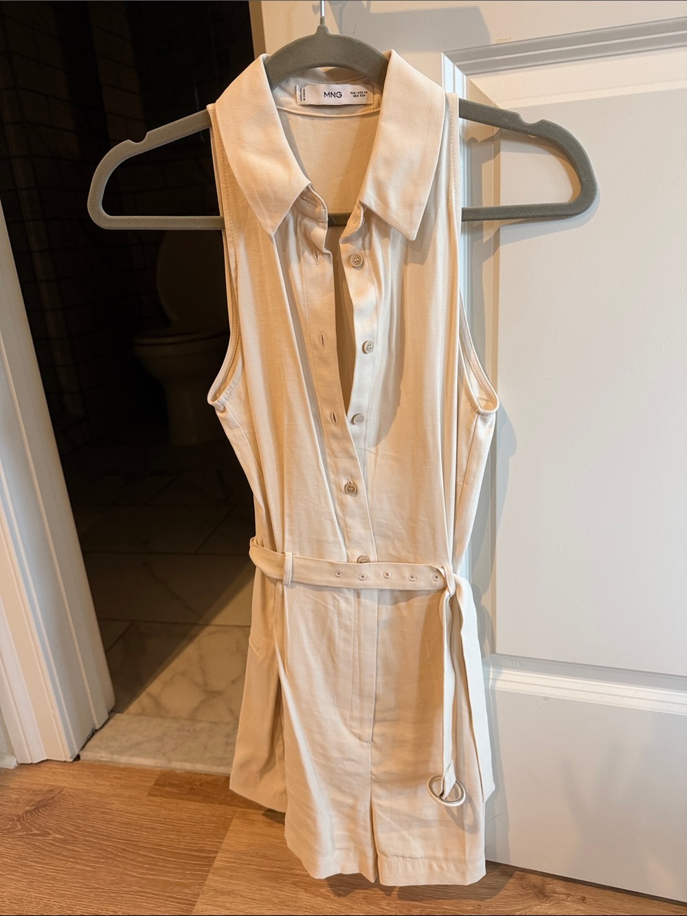 Mango Sleeveless Button-Front Belted Romper - Cream